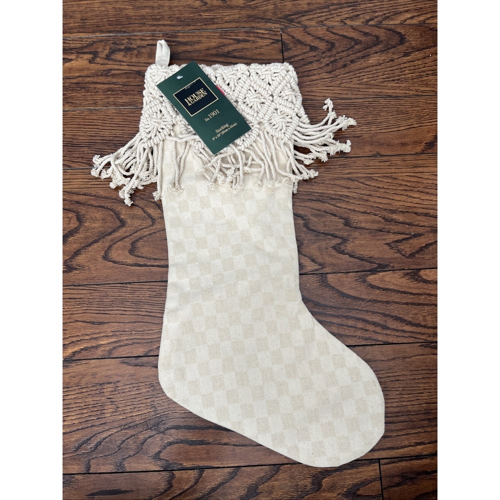 House & Garden Christmas Stocking White Cream Check Macrame Tasseled 8" X 22"